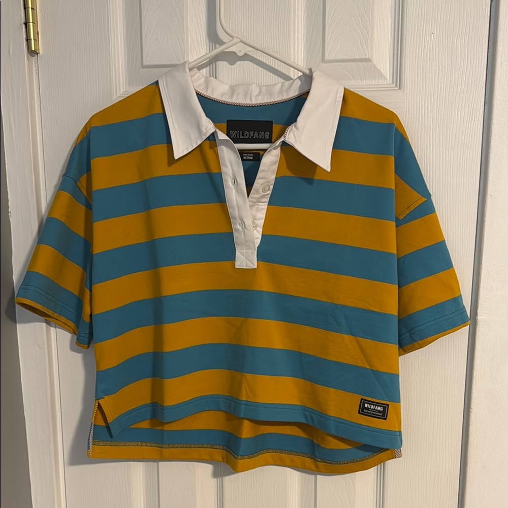 Wildfang Blue and Yellow Striped women’s cropped Polo Shirt
